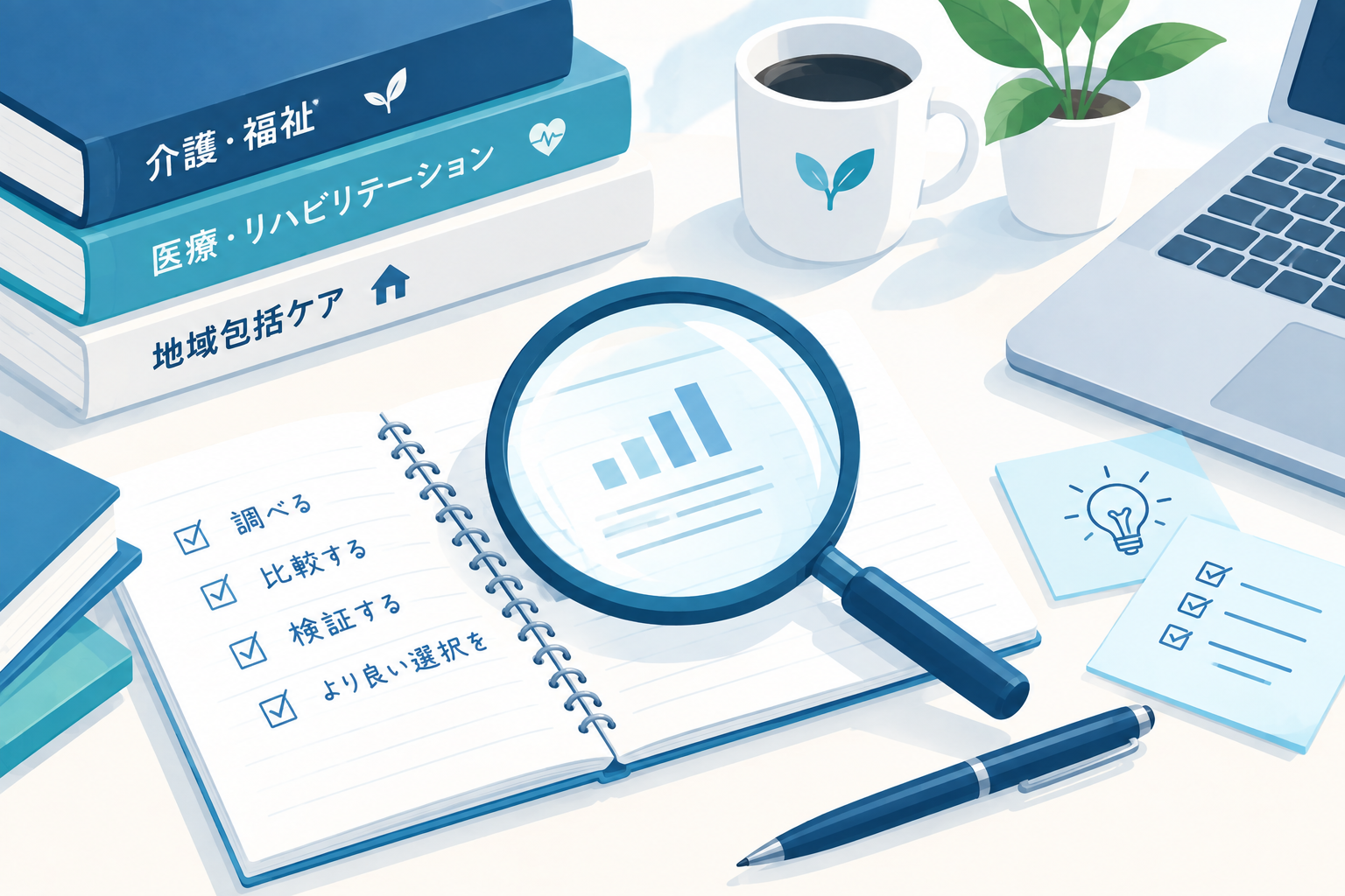 資格や教材を調べる・比較する・検証するイメージイラスト