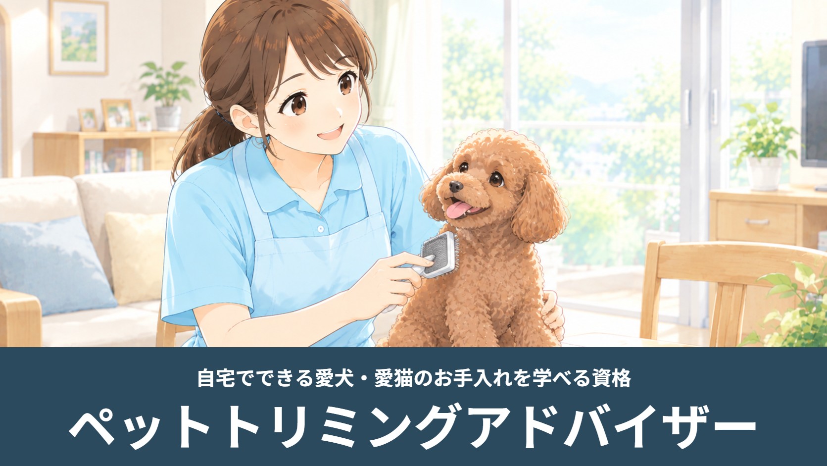 自宅のリビングで女性がトイプードルをブラッシングするイラスト（ペットトリミングアドバイザー）
