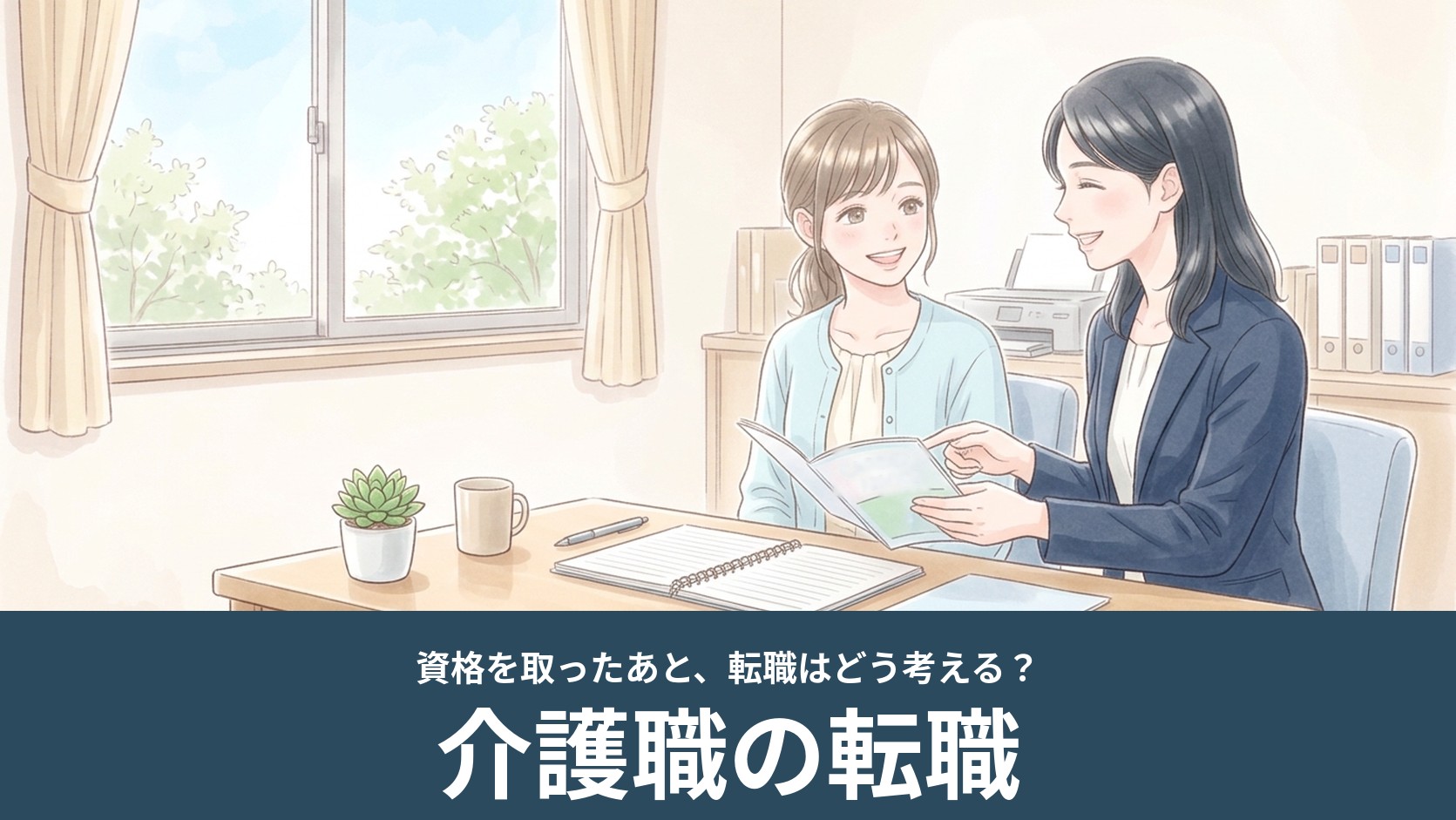 相談スペースで女性が転職アドバイザーと笑顔で話すイラスト（介護職の資格取得後の転職）