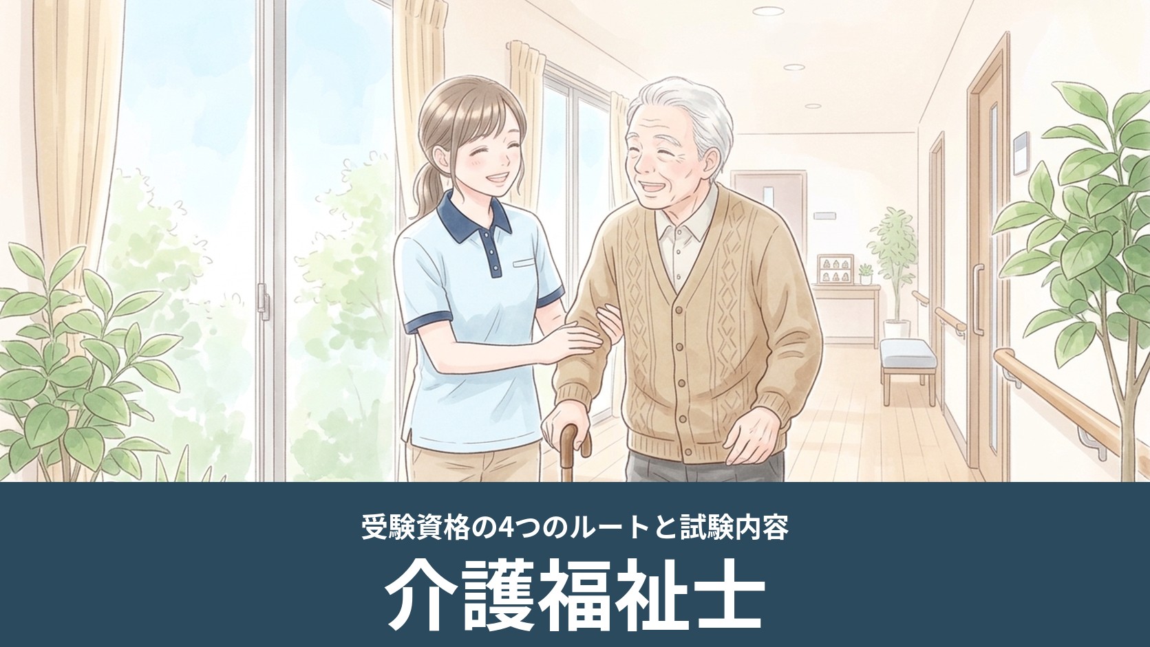 施設の廊下で介護スタッフが杖をついた高齢の男性に寄り添って歩くイラスト（介護福祉士）