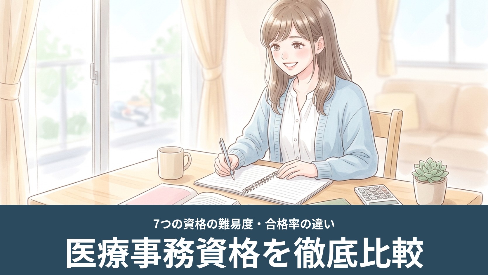 机にテキストを広げて資格を比べながら勉強する女性のイラスト（医療事務資格の比較）