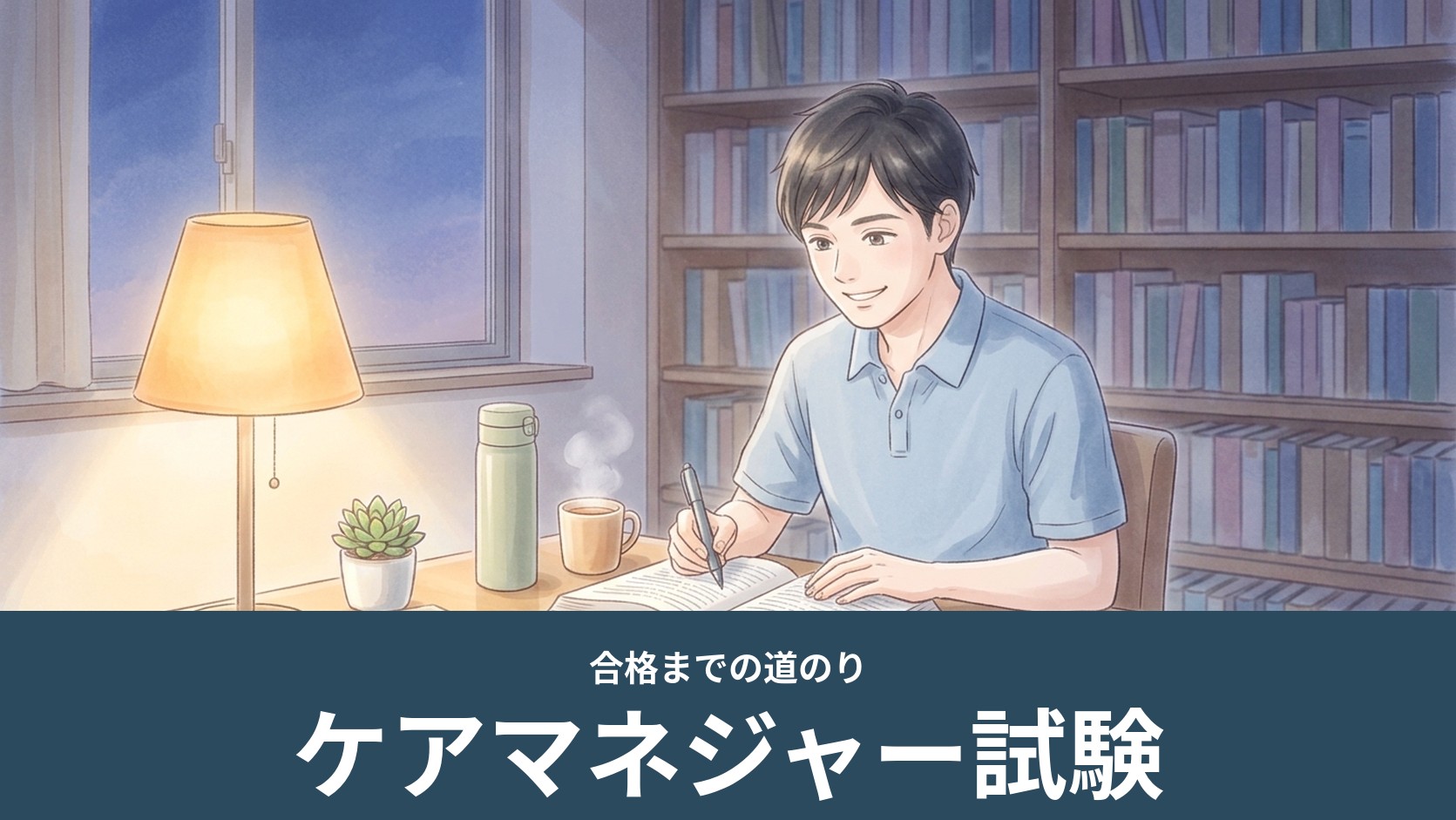 夜にスタンドの明かりで男性が勉強するイラスト（ケアマネジャー試験、合格までの道のり）