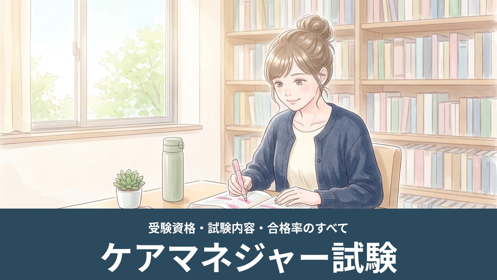 図書館で女性が問題集に線を引きながら勉強するイラスト（ケアマネジャー試験）