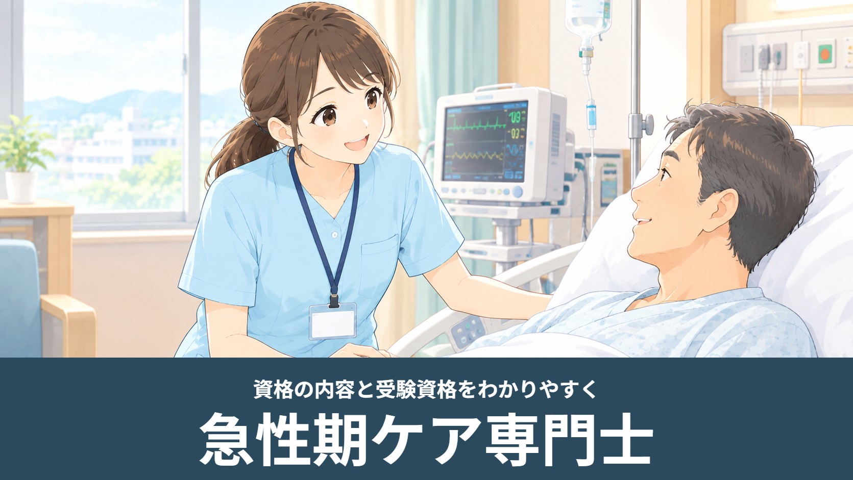 急性期病棟で看護師がモニターを確認しながら患者さんに声をかけるイラスト（急性期ケア専門士）
