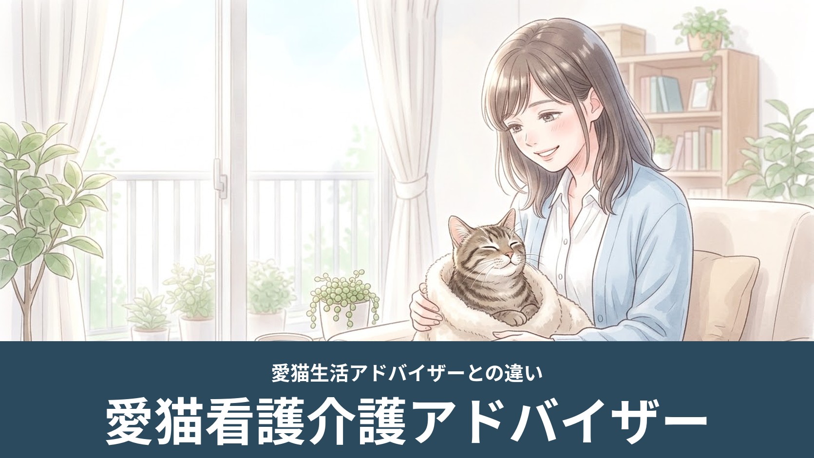 自宅で女性が毛布にくるまった年をとった猫をやさしく抱くイラスト（愛猫看護介護アドバイザー）