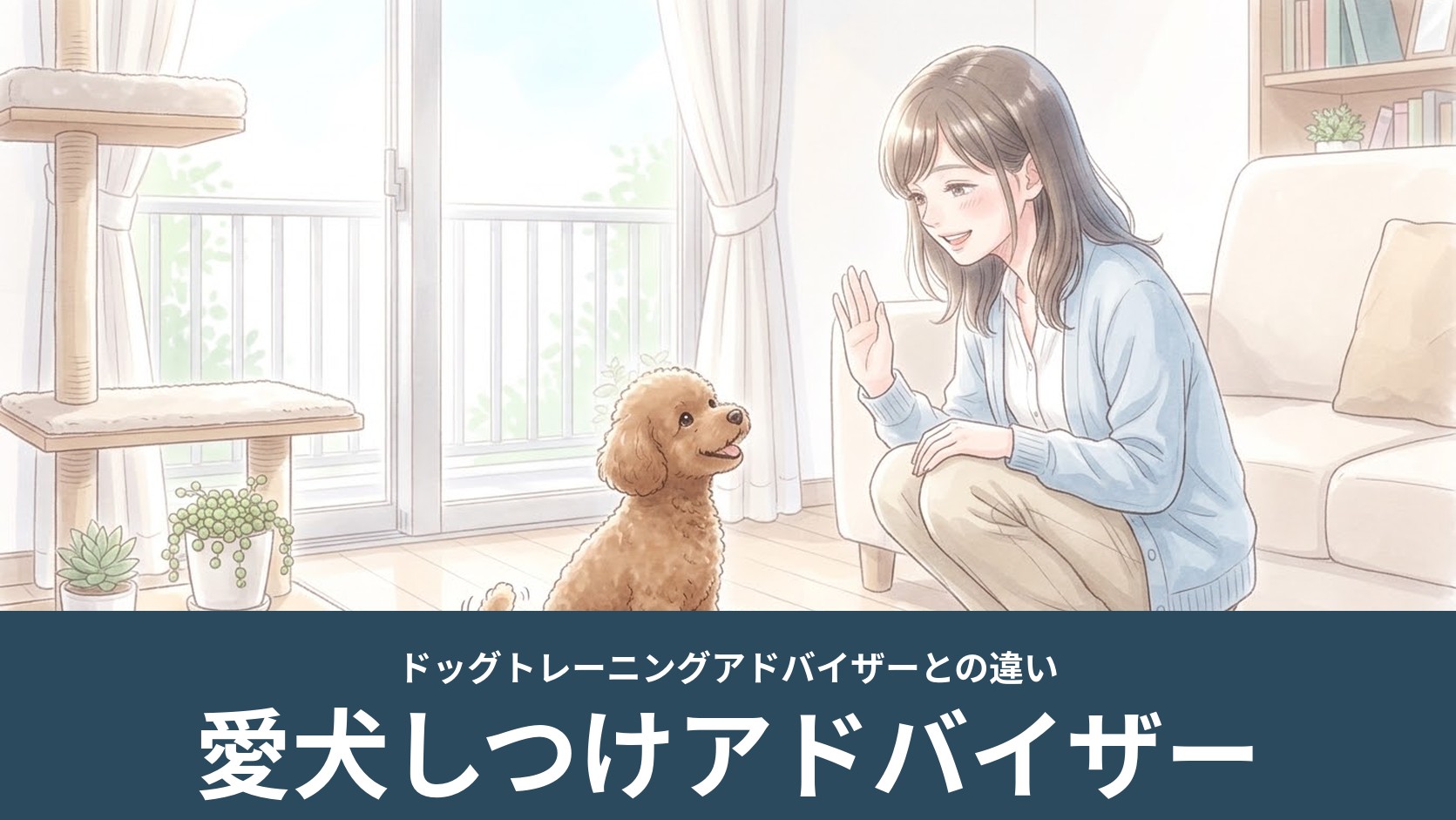リビングで女性がトイプードルにおすわりを教えるイラスト（愛犬しつけアドバイザー）