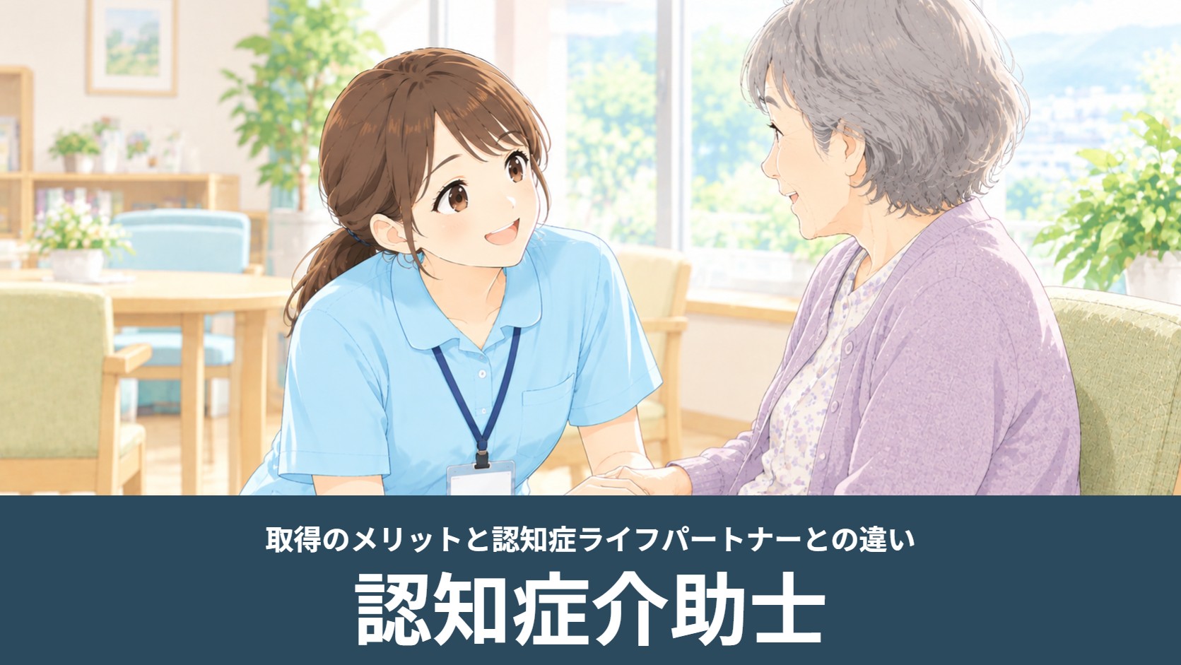 介護施設で介護スタッフが高齢の女性に目線を合わせて手を添えながら話しかけるイラスト（認知症介助士）