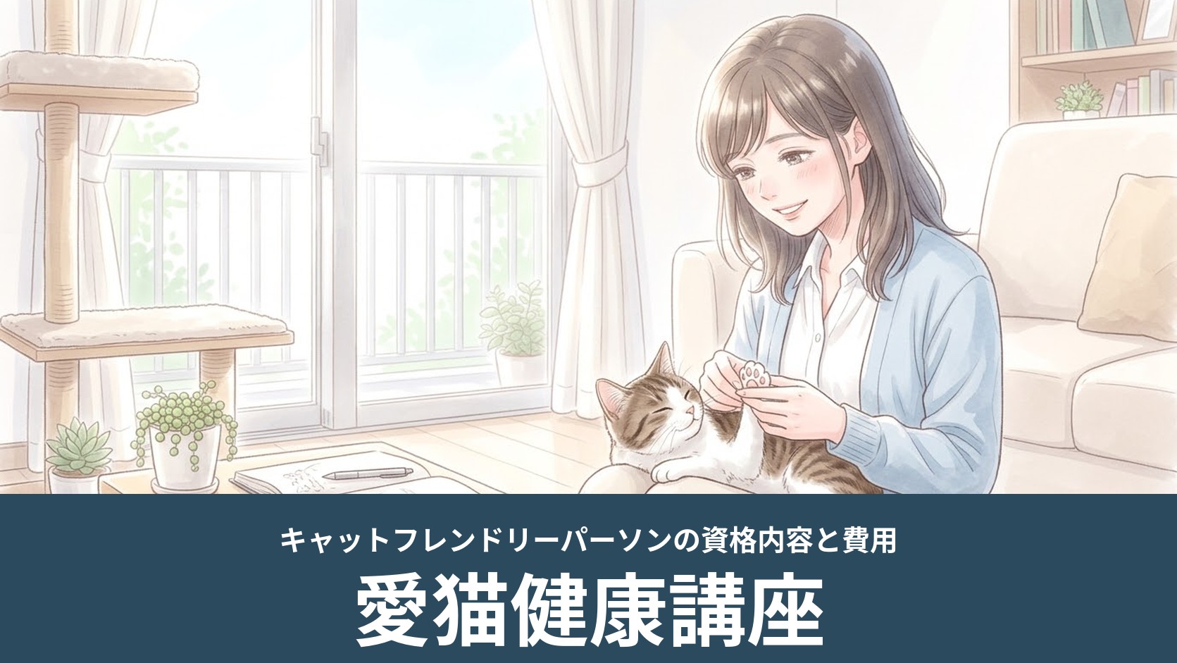 ひざの上でくつろぐ猫の前足をやさしく確かめる女性のイラスト（愛猫健康講座）