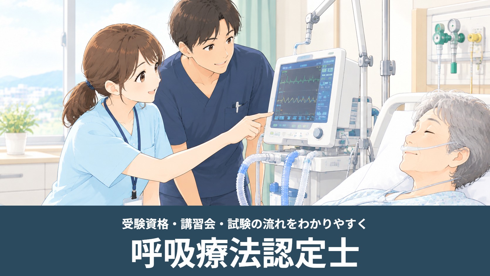 看護師とスタッフが人工呼吸器の画面を確認する病室のイラスト（呼吸療法認定士）