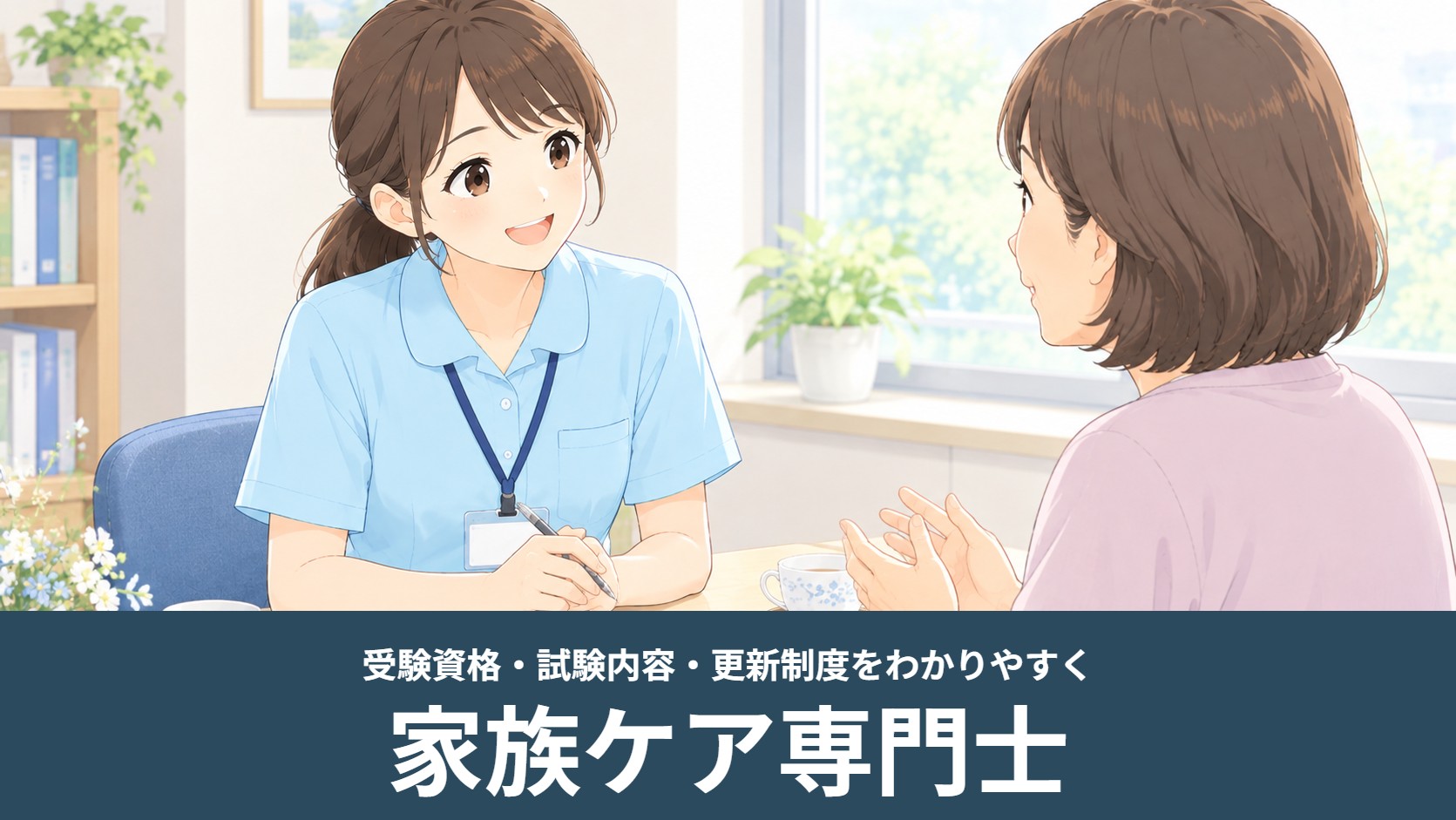 看護師が相談室で患者さんのご家族の話を聞くイラスト（家族ケア専門士）