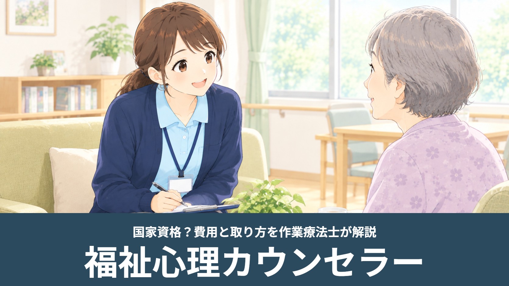 介護施設の相談室で相談員が高齢の女性の話を聞くイラスト（福祉心理カウンセラー）