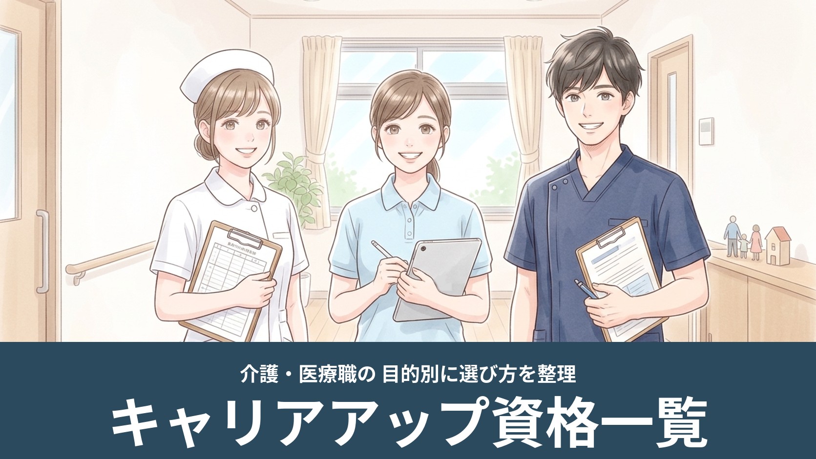 看護師・介護スタッフ・リハビリ職の3人が並んで立つイラスト（介護・医療職のキャリアアップ資格一覧）