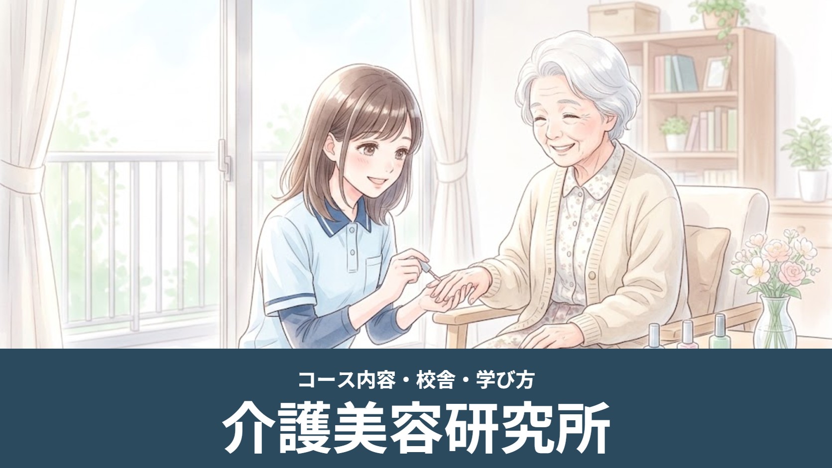介護施設でスタッフが高齢の女性にネイルを塗るイラスト（介護美容研究所）