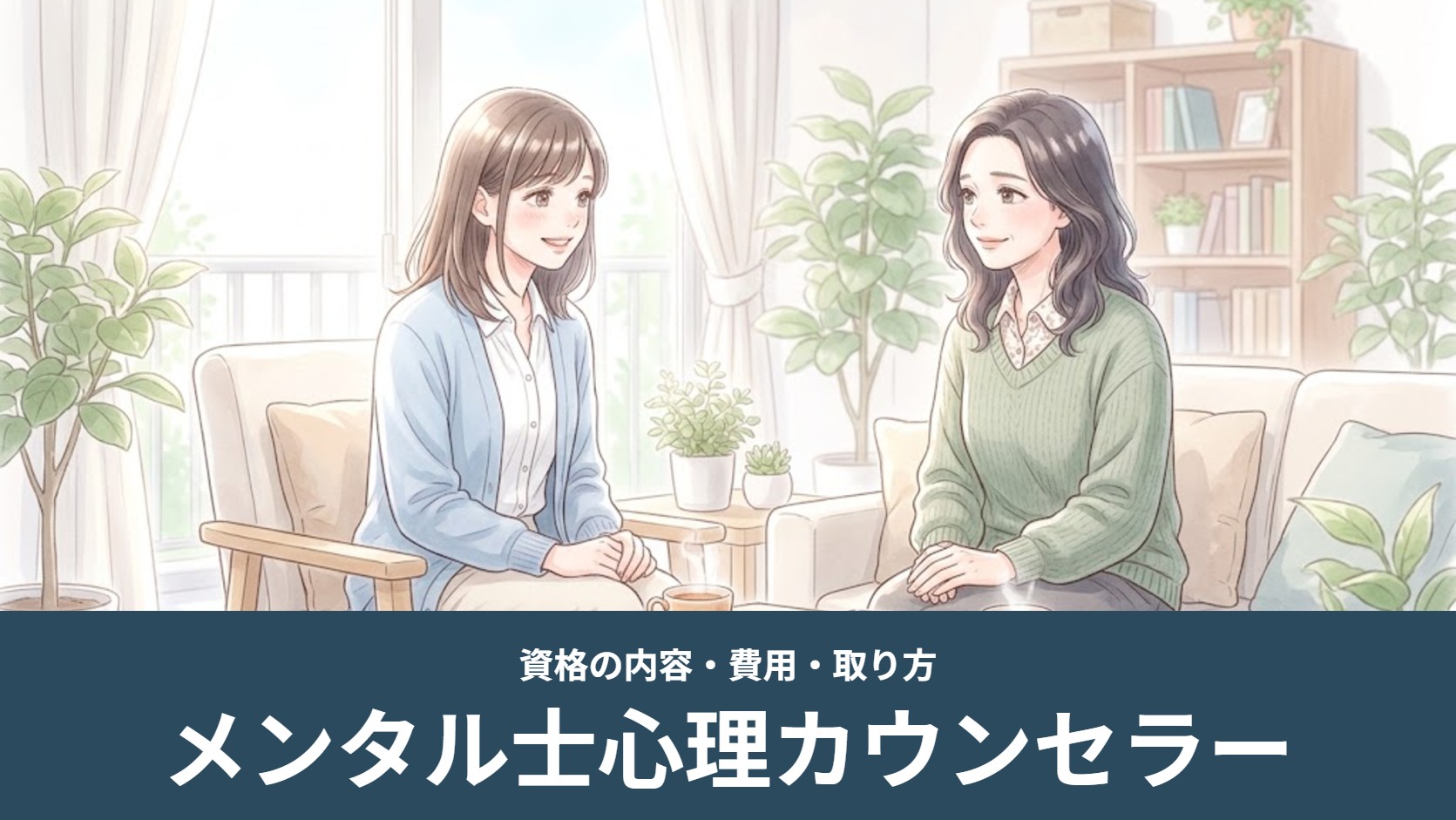明るい部屋でカウンセラーが相談者の話を聴くイラスト（メンタル士心理カウンセラー）
