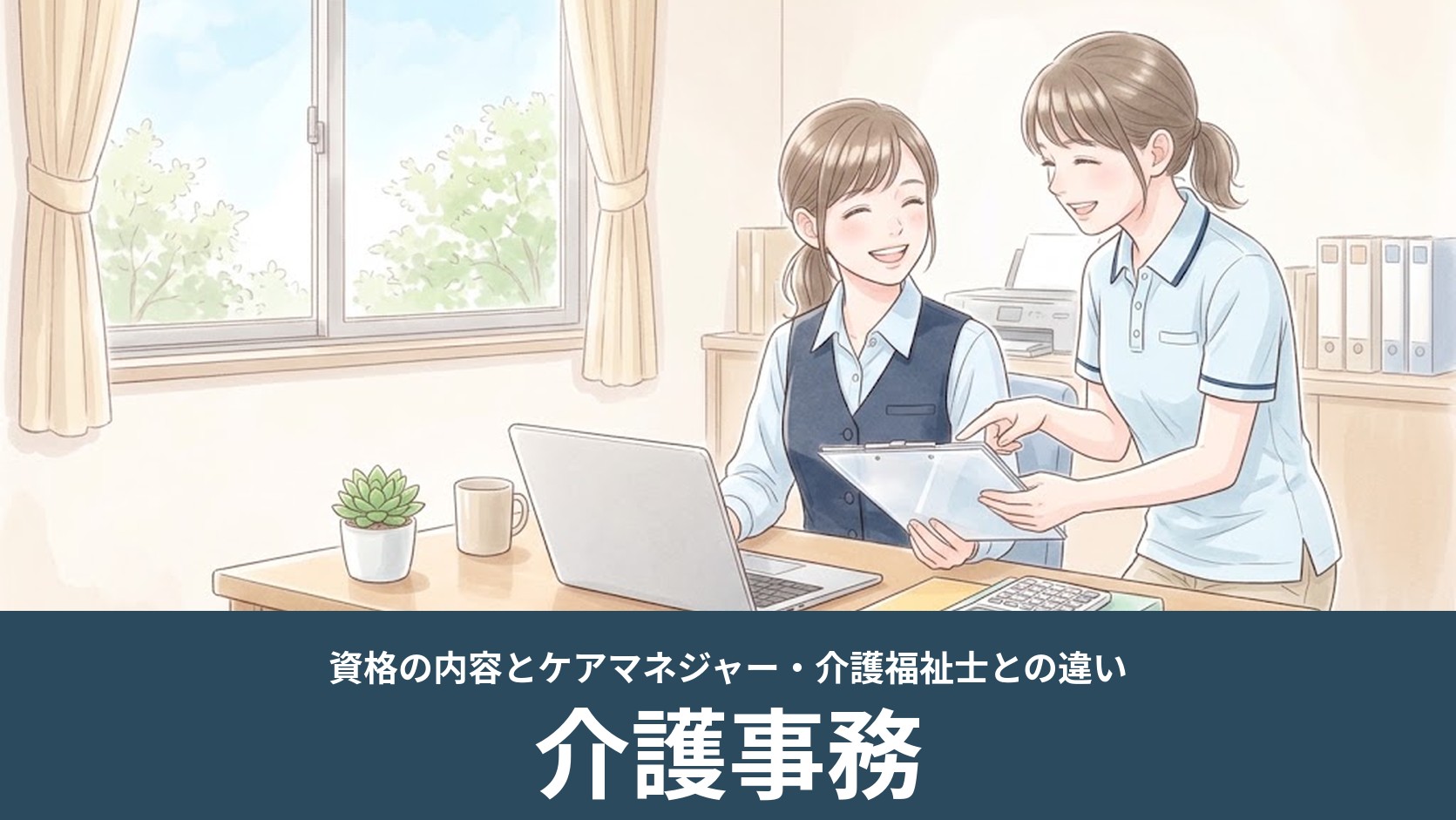 介護施設の事務室で事務スタッフと介護スタッフが書類を見ながら打ち合わせするイラスト（介護事務）