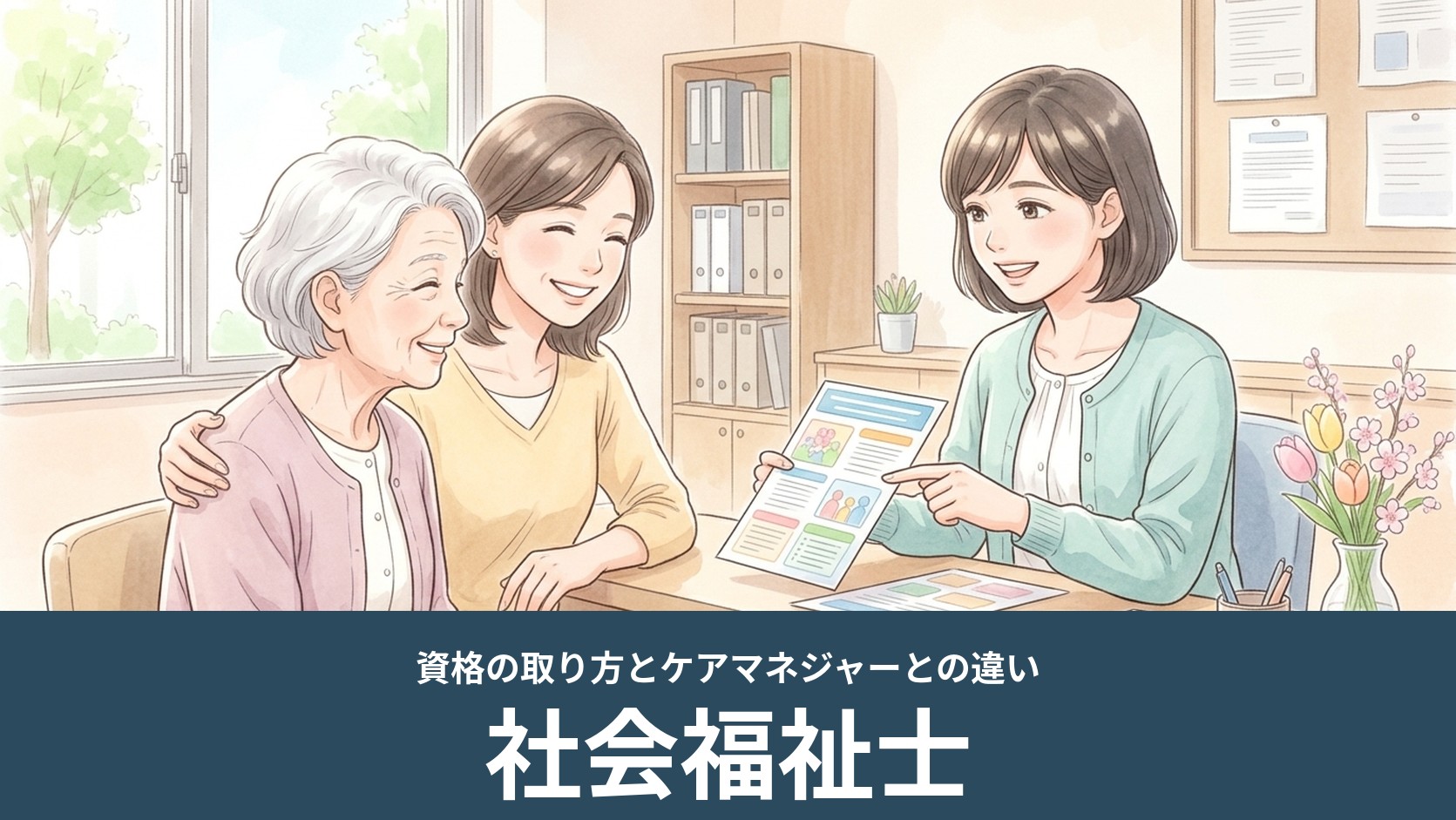 相談窓口で社会福祉士が高齢の女性と娘に説明するイラスト（社会福祉士）