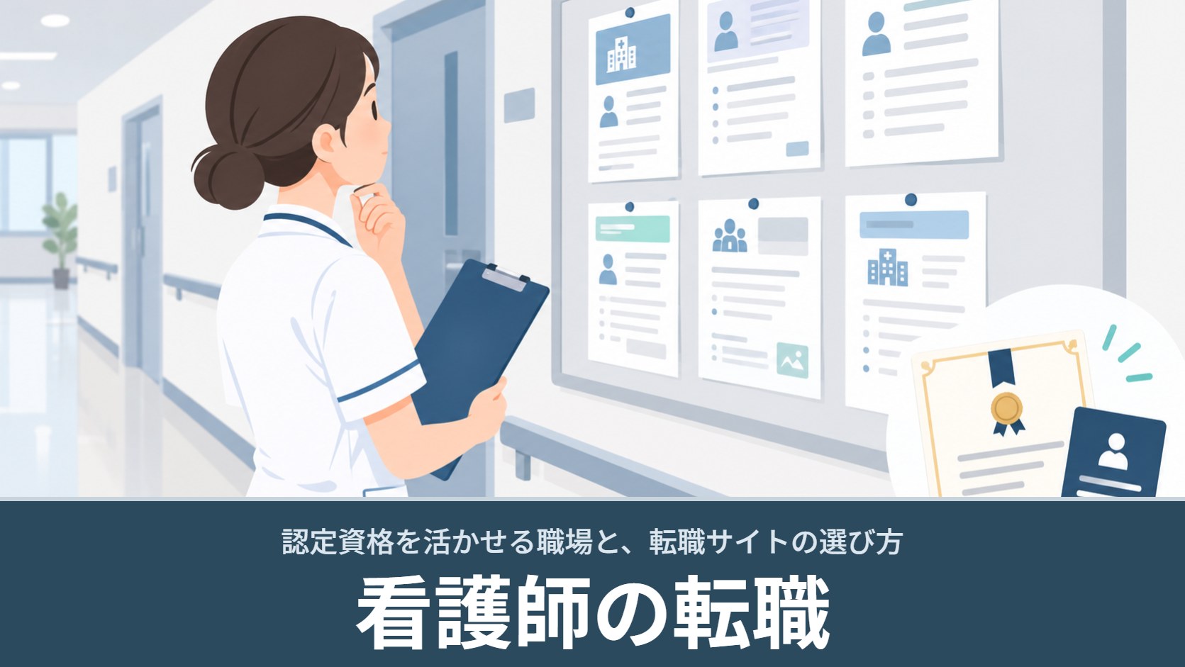 看護師の転職のイメージ：病院の廊下で求人票を見比べる看護師と、認定資格の証書のイラスト