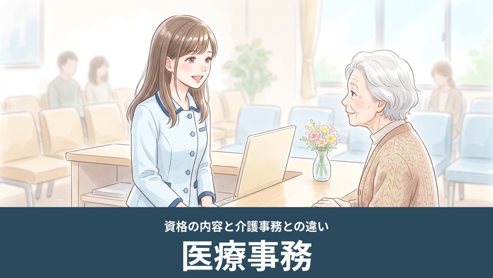 クリニックの受付で事務スタッフが高齢の患者に笑顔で応対するイラスト（医療事務）