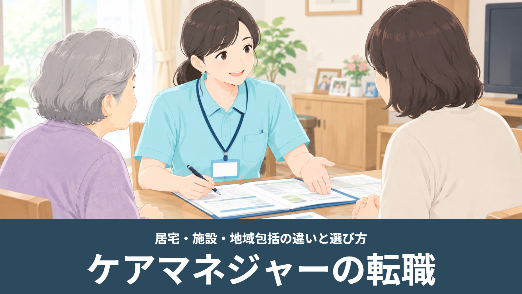 ケアマネジャーが利用者さんの自宅で本人とご家族に書類を見せながら話すイラスト（ケアマネジャーの転職）