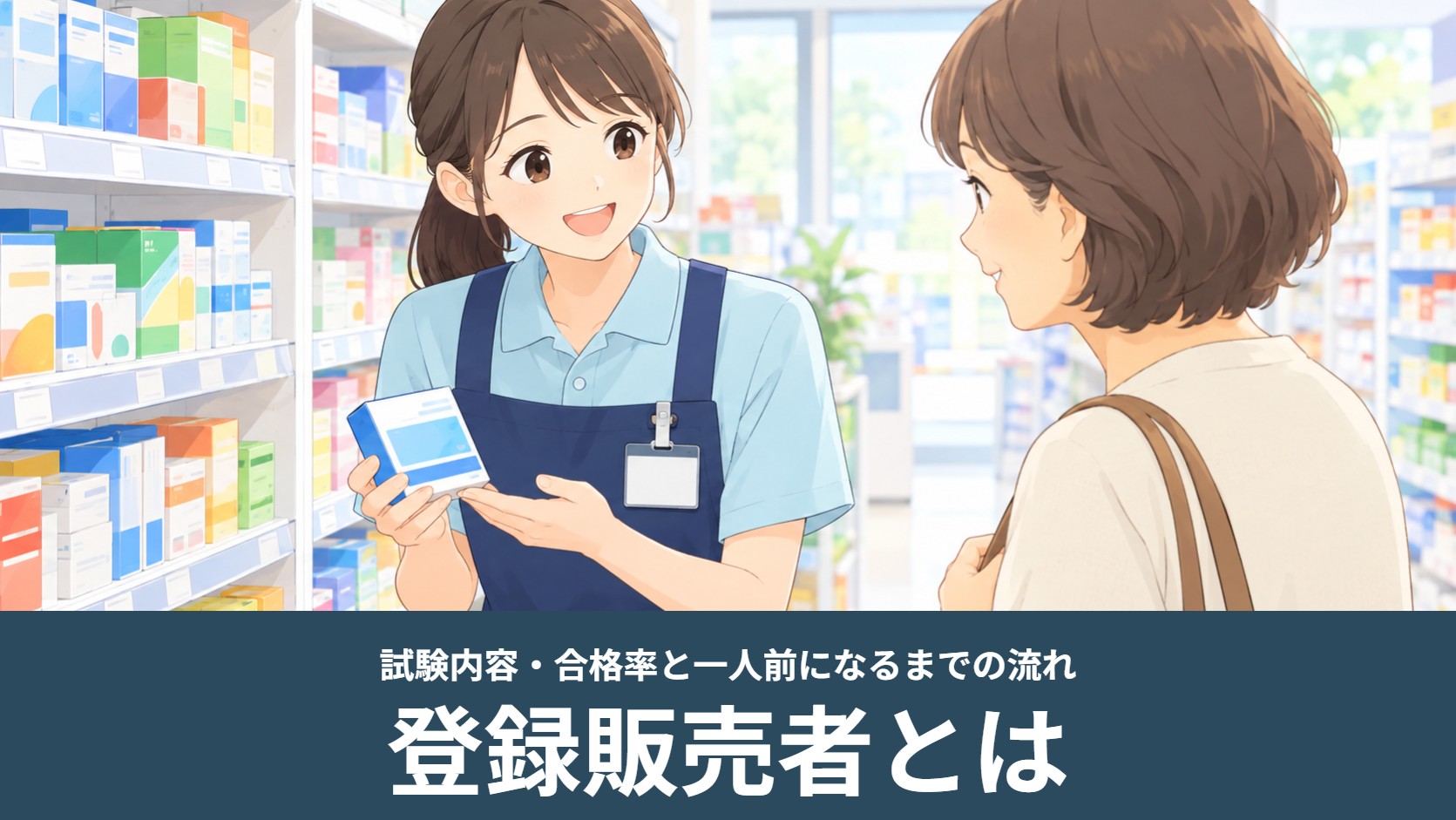 ドラッグストアの医薬品売り場で登録販売者がお客さんにかぜ薬を説明するイラスト（登録販売者とは）