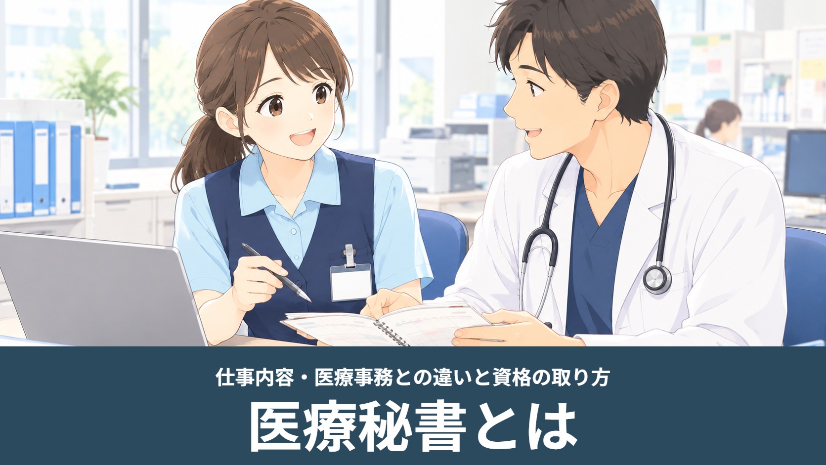 病院の事務室で医療秘書が医師とスケジュールを確認しながら打ち合わせするイラスト（医療秘書とは）