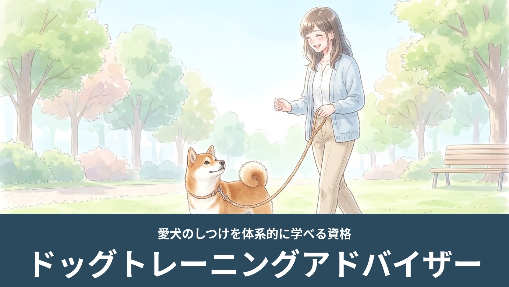 公園で女性がリードをつけた柴犬と並んで歩く練習をするイラスト（ドッグトレーニングアドバイザー）
