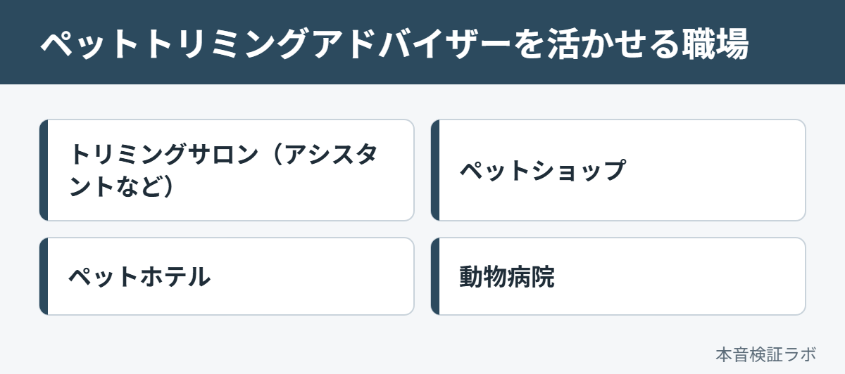 ペットトリミングアドバイザーを活かせる職場：トリミングサロン（アシスタントなど）、ペットショップ、ペットホテル、動物病院