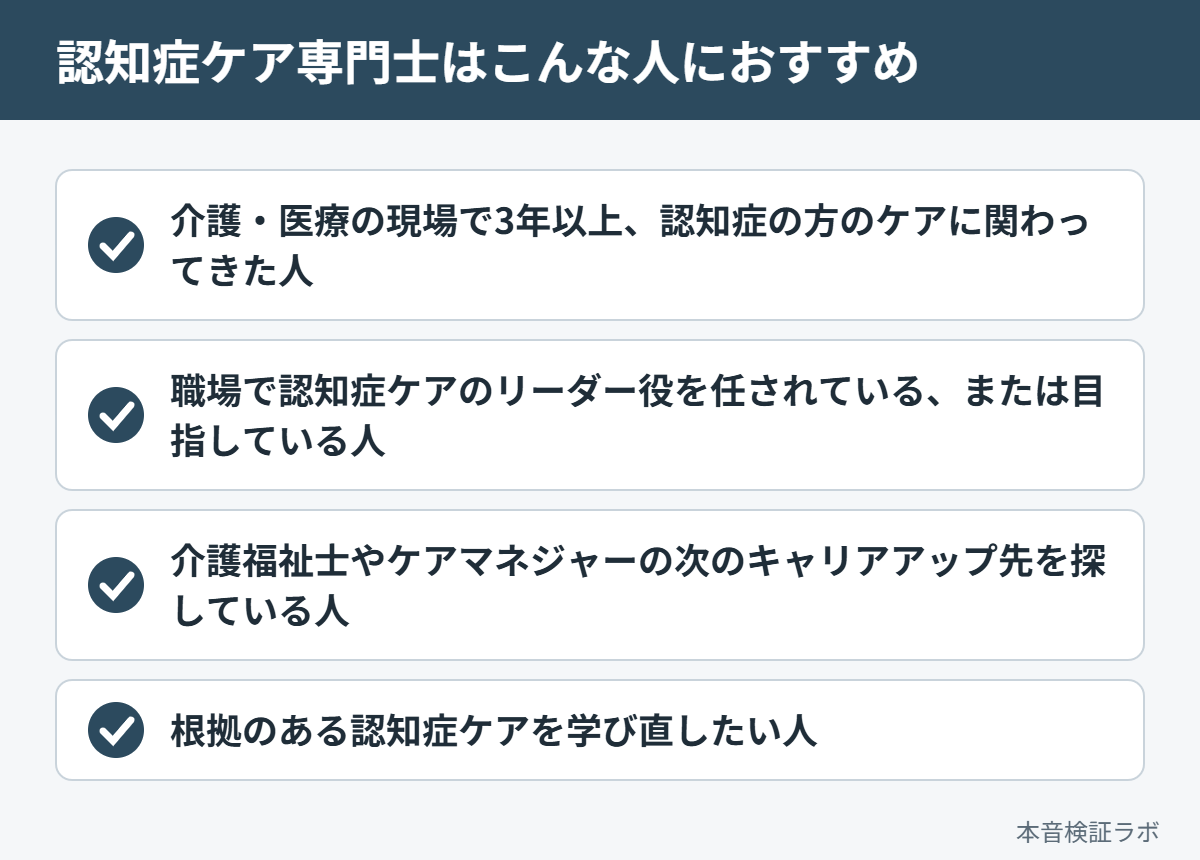 認知症ケア専門士がおすすめな人：介護・医療の現場で3年以上、認知症の方のケアに関わってきた人、職場で認知症ケアのリーダー役を任されている、または目指している人、介護福祉士やケアマネジャーの次のキャリアアップ先を探している人、根拠のある認知症ケアを学び直したい人