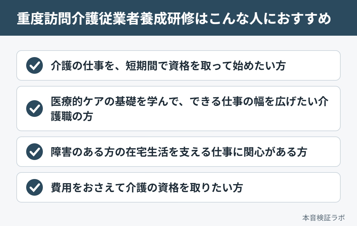 重度訪問介護従業者養成研修がおすすめな人：介護の仕事を、短期間で資格を取って始めたい方、医療的ケアの基礎を学んで、できる仕事の幅を広げたい介護職の方、障害のある方の在宅生活を支える仕事に関心がある方、費用をおさえて介護の資格を取りたい方