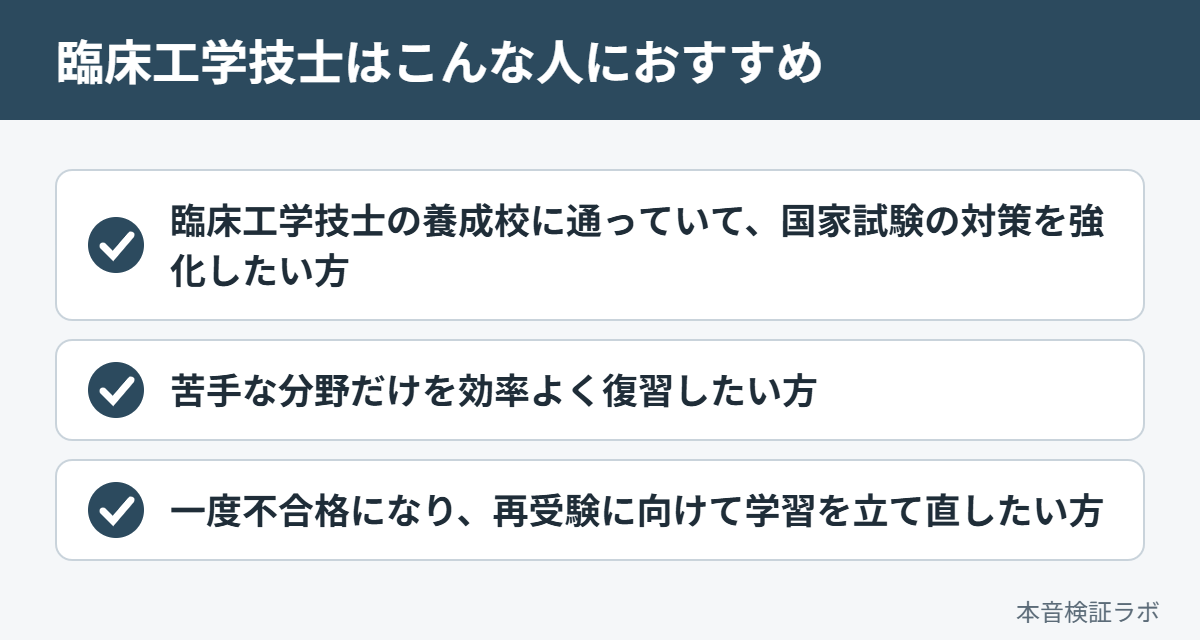 臨床工学技士がおすすめな人:臨床工学技士の養成校に通っていて、国家試験の対策を強化したい方、苦手な分野だけを効率よく復習したい方、一度不合格になり、再受験に向けて学習を立て直したい方